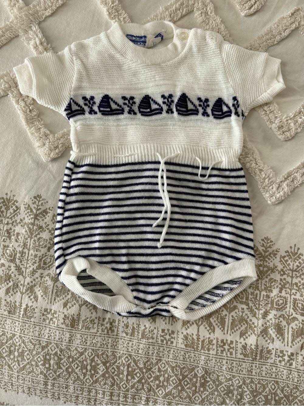 Cream Knit Infant Romper with Blue Nautical Accent Size Three Months